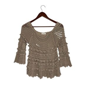 Sundance Tan Cotton Crocheted Sheer Bell Sleeve Top Coverup Doily